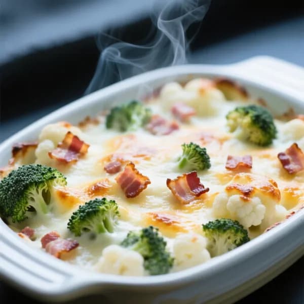 Broccoli- och blomkålsgratäng med bacon - enkelt recept från MatVeckan