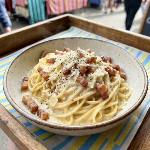 Krämig pasta carbonara med knaperstekt bacon och parmesan - enkelt recept från MatVeckan